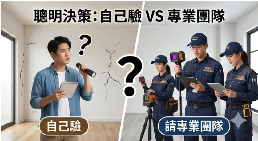 自行驗屋與專業驗屋比較圖，差異包括費用、工具、檢測深度、交涉能力與潛在風險