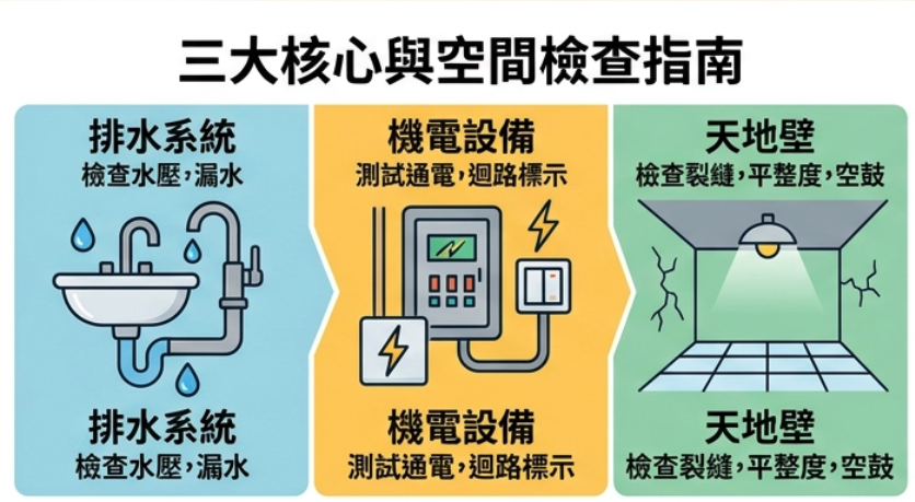 預售屋與新成屋驗屋三大檢查重點示意，包含排水系統、機電設備與天地壁細節