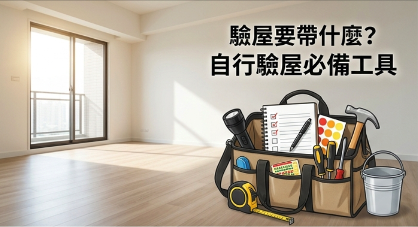 2026 自行驗屋工具包清單，包含手電筒、空鼓棒、水平儀、水管、小夜燈與紙膠帶等常見驗屋用品